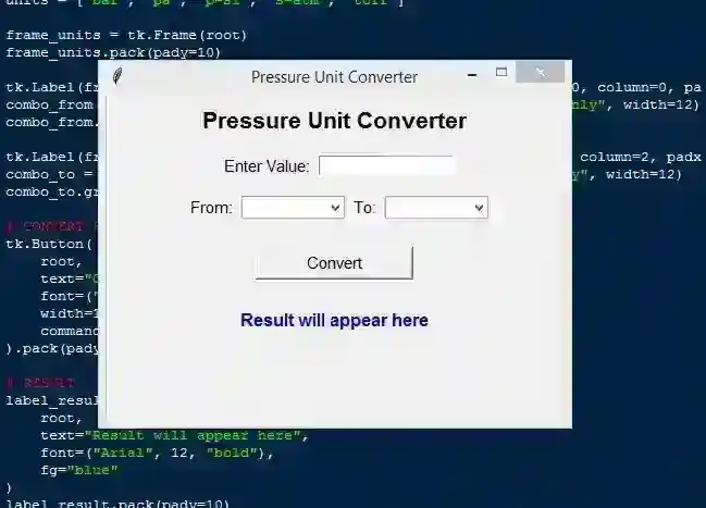 Pressure Unit Convert App Using Tkinter in Python with Source Code