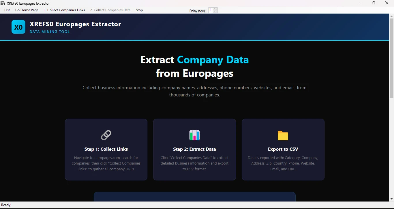XREFS0 Europages Extractor — أداة مجانية لاستخراج بيانات الشركات من Europages